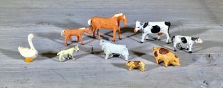 Nine Antique Mini Metal Farm Animals