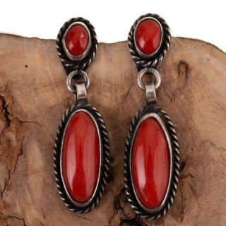 Squash Blossom Coral Earrings Sterling Silver Navajo Old Pawn Native American