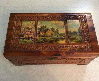 Vintage Wooden Vanity Jewelry Box Landscape Picture Engraved Dovetailed Wood