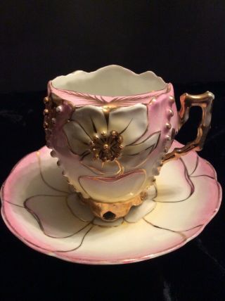Vintage Porcelain Mustache Cup & Saucer Pink & Gold