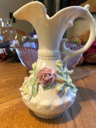 Antique Irish Belleek White Porcelain Ewer Appl Color Flowers 7.  3 " Vase Pitcher