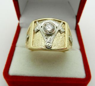 Vintage 14K Yellow Gold Blue Lodge Masonic 0.  65 ct Diamond Ring 16.  1g size 11.  25 5