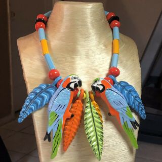 Vtg Designer High End Signed Parrot Pearls Necklace Statement Ceramic