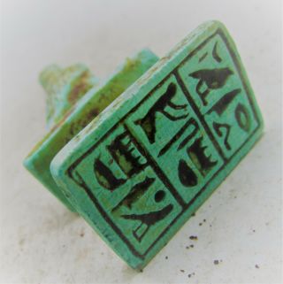 CIRCA 664 - 332BC ANCIENT EGYPTIAN GLAZED FAIENCE HORUS STAMP SEAL WITH HEIROGLYPH 3