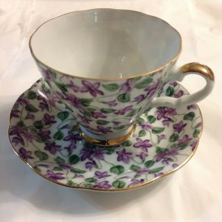 Vintage Lefton China Hand Painted Tea Cup And Saucer,  Purple Flowers /gold 2119