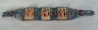 Antique Asian Chinese Silver Blue Enamel Carved Panel Bracelet