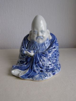 Antique Japanese Hand Painted Blue And White Porcelain Figure - Fukurokuju