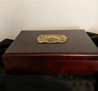 Wood Box With Hinged Lid,  Brass Fish On Top L.  11 " W.  8 1/4 " H.  3 3/4 "