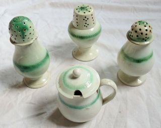 Leeds Green Feather Edge Mustard&pepper Pots Cream/pearl Ware Vtg Old Antique