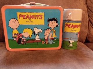 Vintage 1959 Peanuts Metal Lunchbox Charlie Brown Snoopy & Thermos.  Great