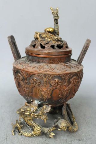 10 " Marked China Copper Gilt Dragon Beast Incense Burner Statue