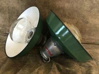 Vintage Crouse Hinds Industrial Green Enamel And Glass Ceiling Lights