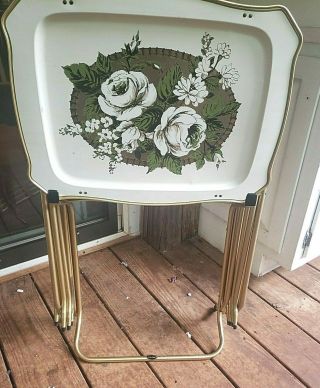 Vintage Cal - Dak Metal Tv Trays Queen Size Gold Brass Box White Rose