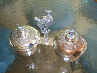 Llama Handled Silver - Covered Double Condiment Dish Set / Sauce Tureen - Sweet