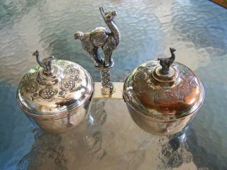 LLAMA HANDLED SILVER - COVERED DOUBLE CONDIMENT DISH SET / SAUCE TUREEN - SWEET 2