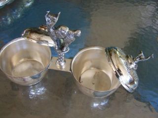 LLAMA HANDLED SILVER - COVERED DOUBLE CONDIMENT DISH SET / SAUCE TUREEN - SWEET 4