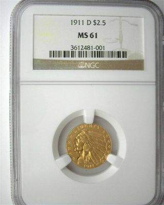 1911 - D INDIAN HEAD GOLD $2.  5 NGC MS61 VERY HI GREYSHEET RARE KEY DATE 2