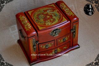 Large Red Chinese Painted Lacquer Jewellery Box With Mirror