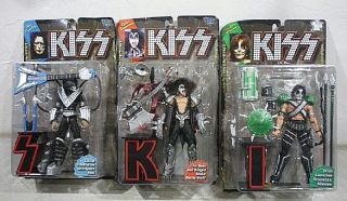 Three Macfarlane Kiss Action Figures,  1997 In Case.  3 Kiss Dolls Toys