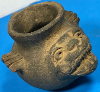 Antique Pre Columbian Pottery Jaguar Face Effigy Vessel Bowl Handle Wings 2.  5