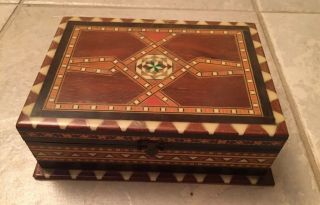 Vintage Wood Inlay Marquetry Jewelry Trinket Box Red Felt Lining
