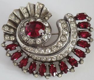 Bold Vintage Eisenberg Sterling Silver Red Crystal Rhinestone Brooch