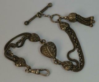 Victorian Sterling Silver Albertina Pocket Watch Chain And Tassel & Heart Link