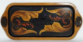 Vintage Antique Toleware Oblong Metal Tray W/ Painted Foliate & Berry Design