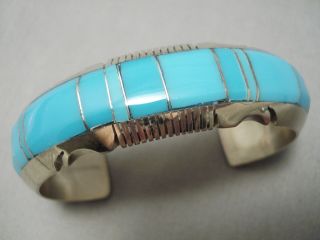 Thick And Heavy Vintage Navajo Turquoise Inlay Sterling Silver Bracelet