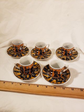 Vintage Set Of 5 Espresso Hand Made In Greece Coffee Cups And Saucers