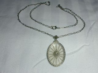 Art Deco 10k White Gold Camphor Glass Necklace With 10k Paperclip Link Chain