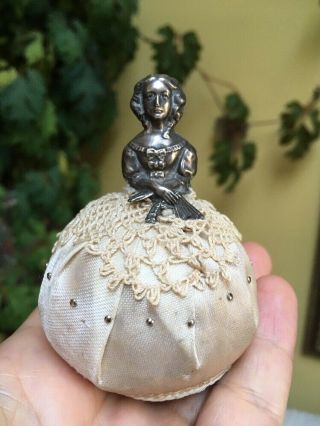 Antique Crinoline Lady Silver Pin Cushion 1921