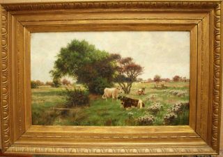 Fine 19th Century Cattle Watering In River Meadow Antique Oil Painting Pike