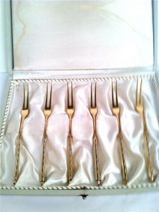 6 W & S Sorensen Denmark Sterling Silvergold Plated Cocktail Relish Forks W/box