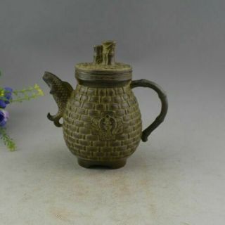 Chinese Folk Copper Bronze Two Fish Bamboo Bottle Teapot Flagon Wine Pot Statue