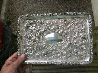 Large Antique Sterling Silver Repousse Dressing Tray Birmingham 1903 280 Grams