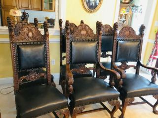 Antique Vintage Victorian Set Carved Dark Oak Dining Chairs R.  J.  Horner 19c
