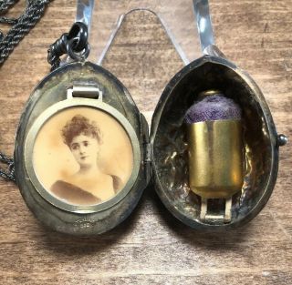 Victorian Sterling Chatelaine Walnut Locket - Thimble Holder,  Perfume,  Photo