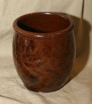 Antique Sponged Manganese Decorated Redware 5.  5 " Apple Butter Crock Jar