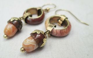 Antique Victorian 9ct Gold & Agate Acorn Dangle Drop Earrings