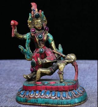 6 " Old Tibet Tibetan Turquoise Buddhism Protection Deity Buddha Sculpture