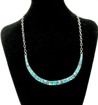 Vintage Navajo Opal Turquoise Inlay Sterling Silver Necklace Signed Roger Skeet