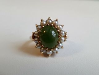 Fine Antique 10k Yellow Gold Oval Dark Green Jade & Pearl Halo Ring Size 5.  5
