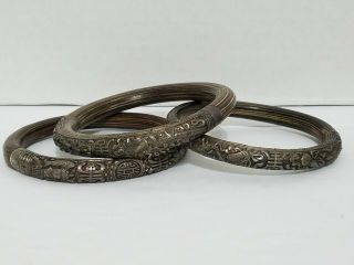 Vintage Chinese Export Silver & Wood Bangle Bracelet Set Of 3