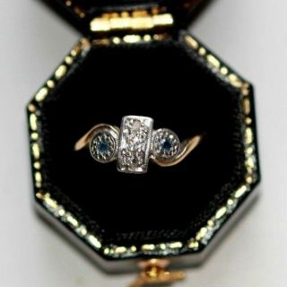 Art Deco 9 Ct Gold Diamond And Sapphire Geometric Ring Vintage Size K 1/2