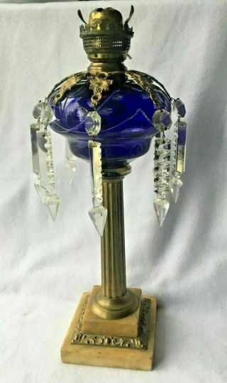 Antique Blue Cut To Clear Oil Lamp W/ Prism Ring