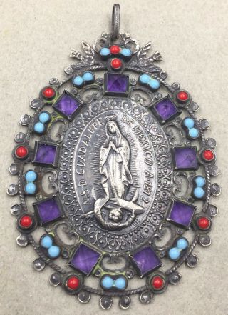 Large Vtg Mexican Matl Style Our Lady Of Guadalupe Sterling Silver Pendant