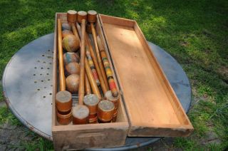 Vintage Wooden Croquet Set 8 Mallets Wickets 7 Balls Two Stakes Wood Box.