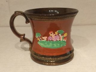Antique Copper Lustre Lusterware Hand Painted Mug Fleur De Lis Nude Cherubs Bead
