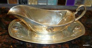 Antique RW&S Wallace Sterling Silver Peacock Pattern Gravy Boat W Saucer 2